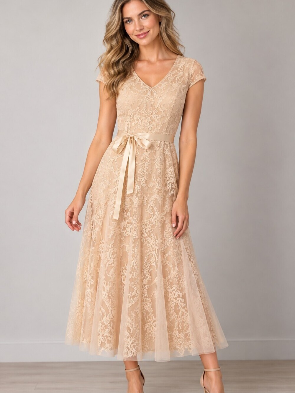 CANDALITE Antique Ivory Lace Maxi Bow Tie Waist Fairycore Hoco Dress
